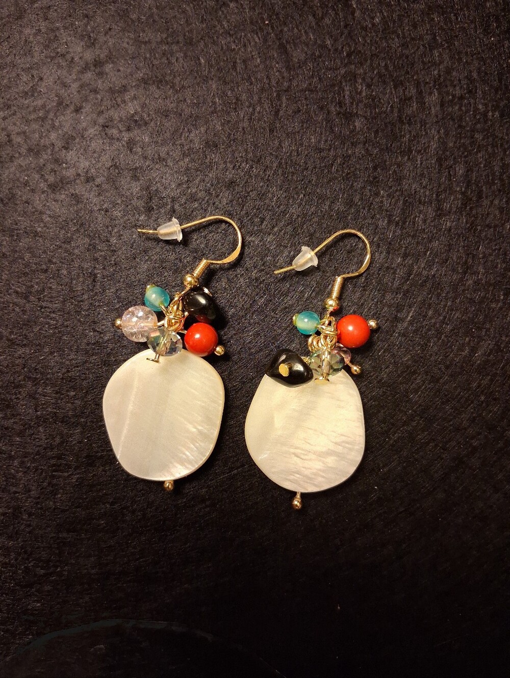 Fun Handmade Bohemian Gold-Tone Earrings with White Shell and Multicolor Beads
